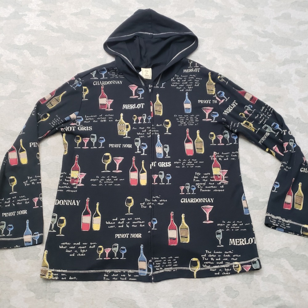 Jess & Jane Wine Collection Hoodie Womens Large Black Zip USA